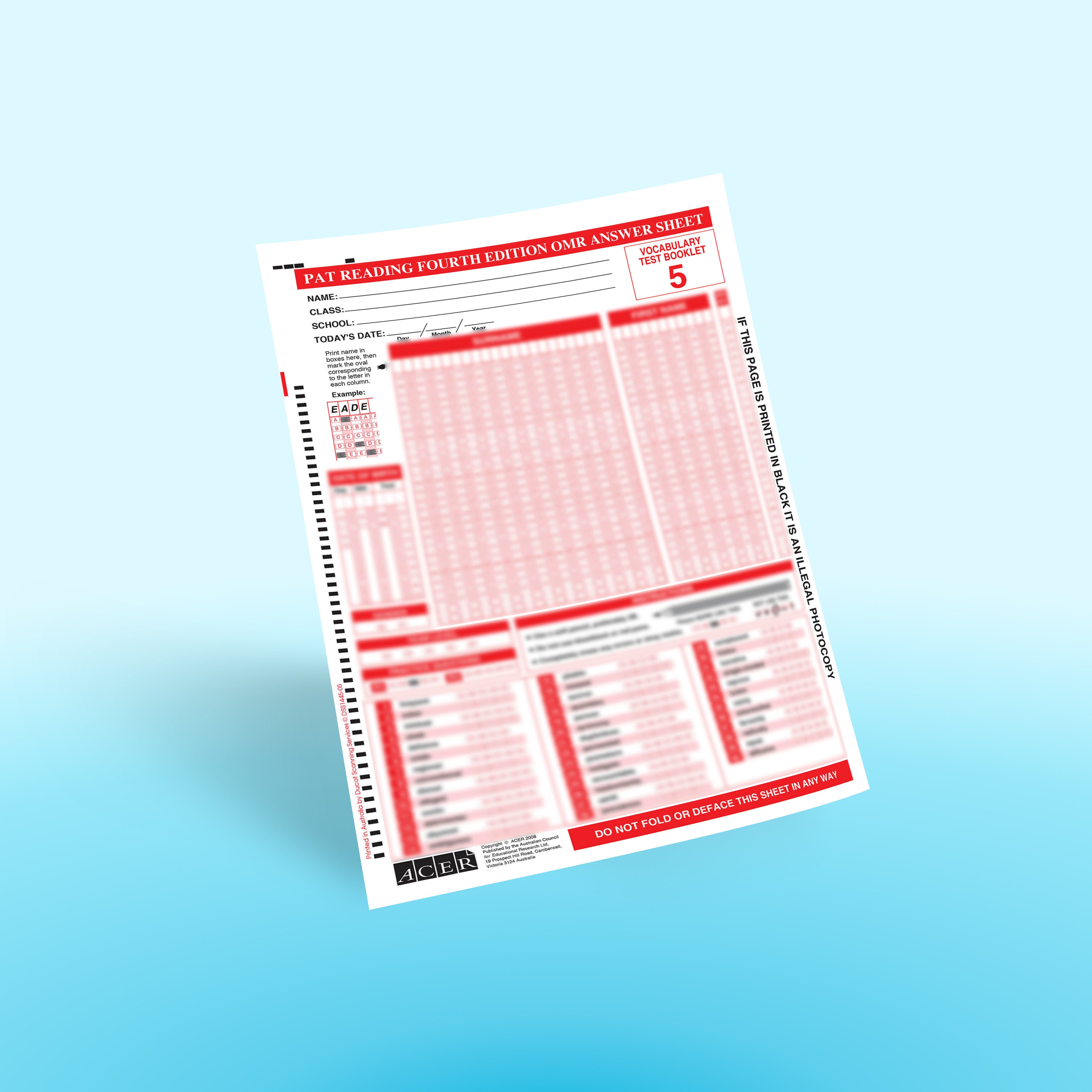 PAT-R 4th Ed. Vocabulary OMR Answer Sheet Test 5 (PKG 10) – Australian ...