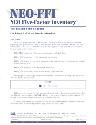 Neo Ffi Form S Item Booklet For Adults Pkg 25