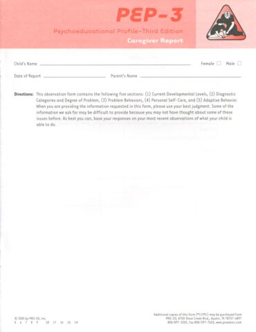 PEP-3 Caregiver Report Form (pkg 10)