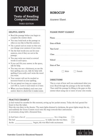 TORCH 3rd ed. RoboCup Answer Sheets (pkg 10)